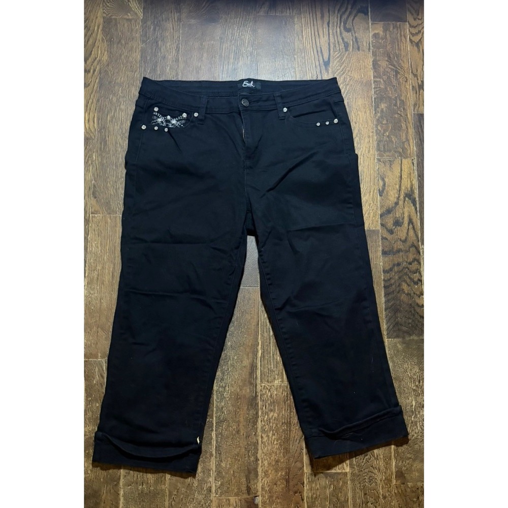 Earl Jeans Black Stretch Denim Women SZ 12 Embellished cuffed Capris